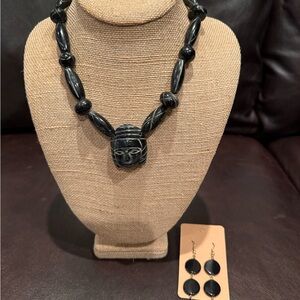 Black Carved Stone Necklace with Matching Earrings